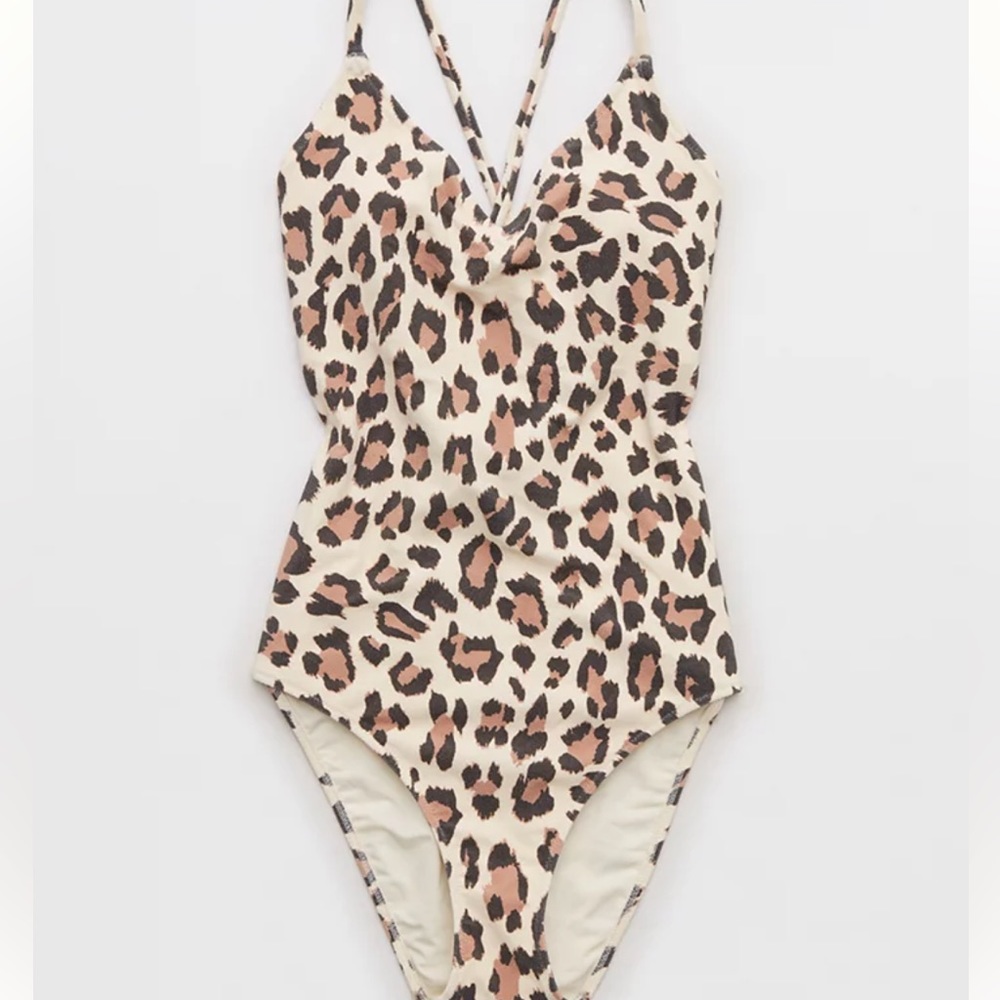 Aerie Buzzed Terry Leopard Strappy Back One Piece Swimsuit NWT Medium